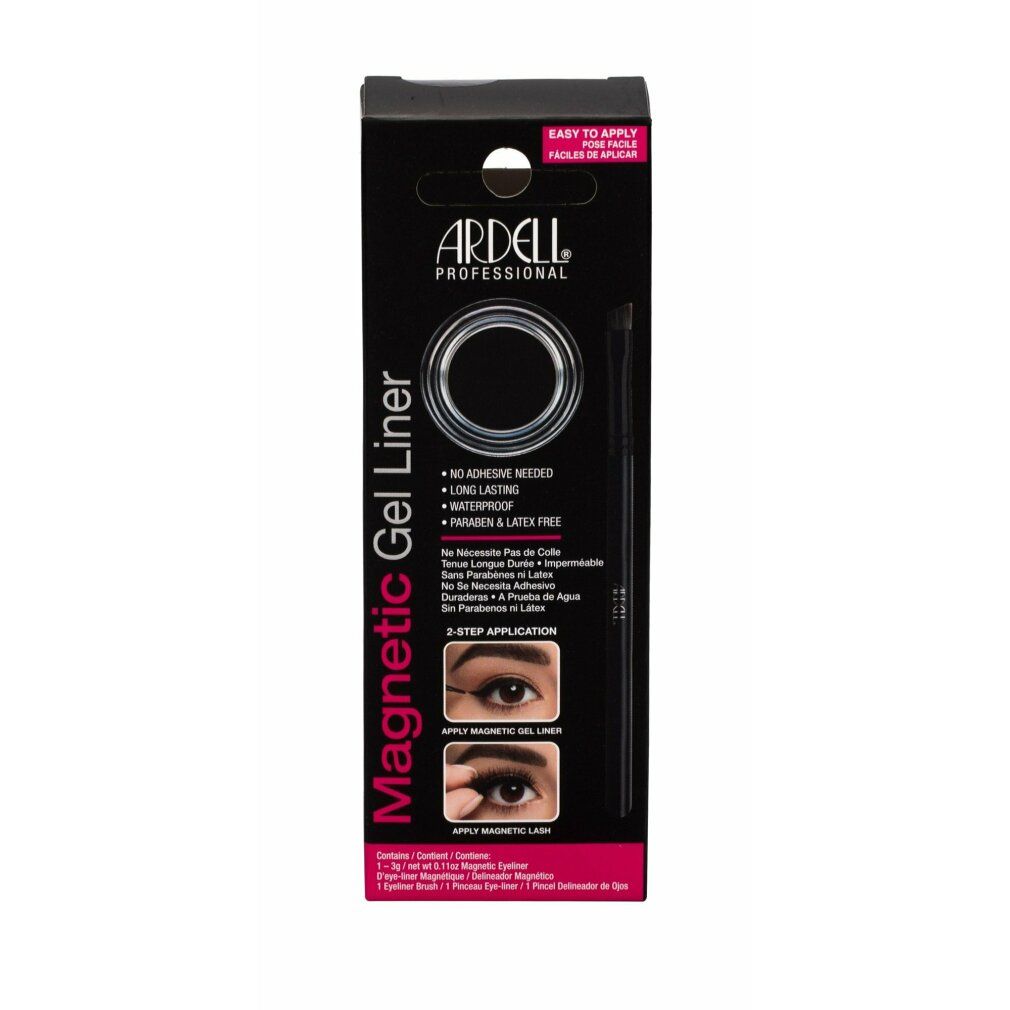 Ardell Magnetic Gel Liner. Schwarze Gel-Liner-Verpackung mit Pinsel. Enthält Informationen zu Inhaltsstoffen und Anwendung.