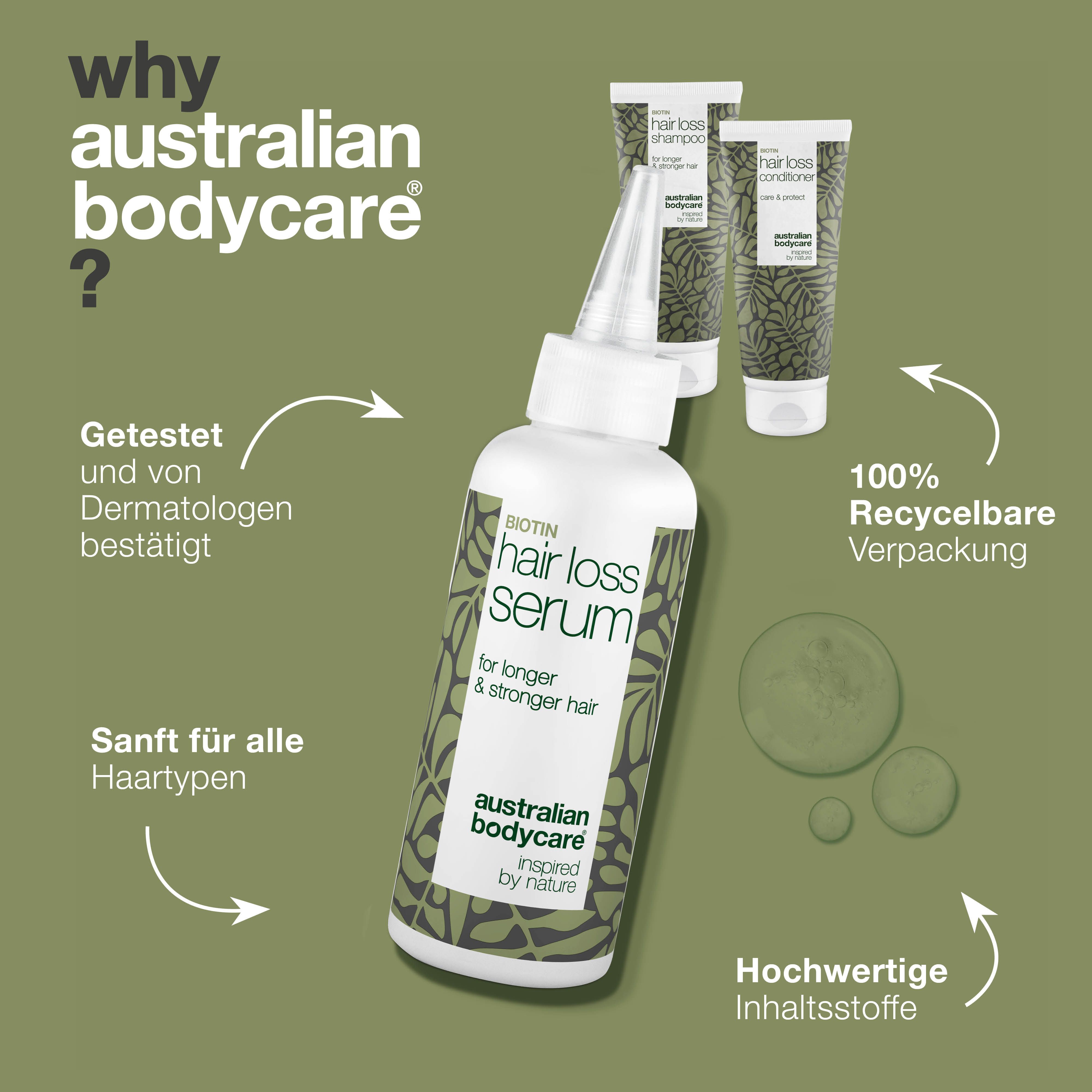 Eine Flasche Serum und zwei Produkte im Hintergrund. Logo von Australian Bodycare. Text und grüne Blätter.