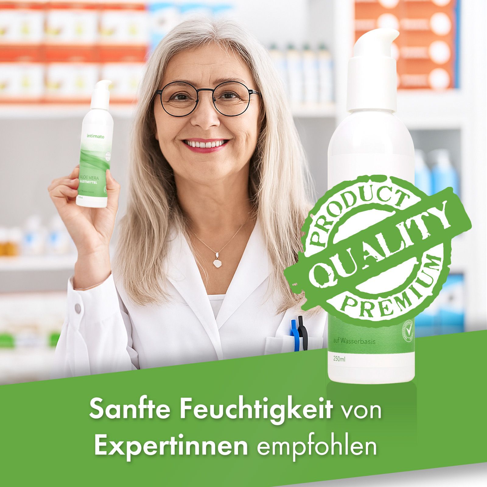 Ärztin hält INTIMATE Aloe Vera Gleitmittel, Siegel 'Produktqualität Premium'.