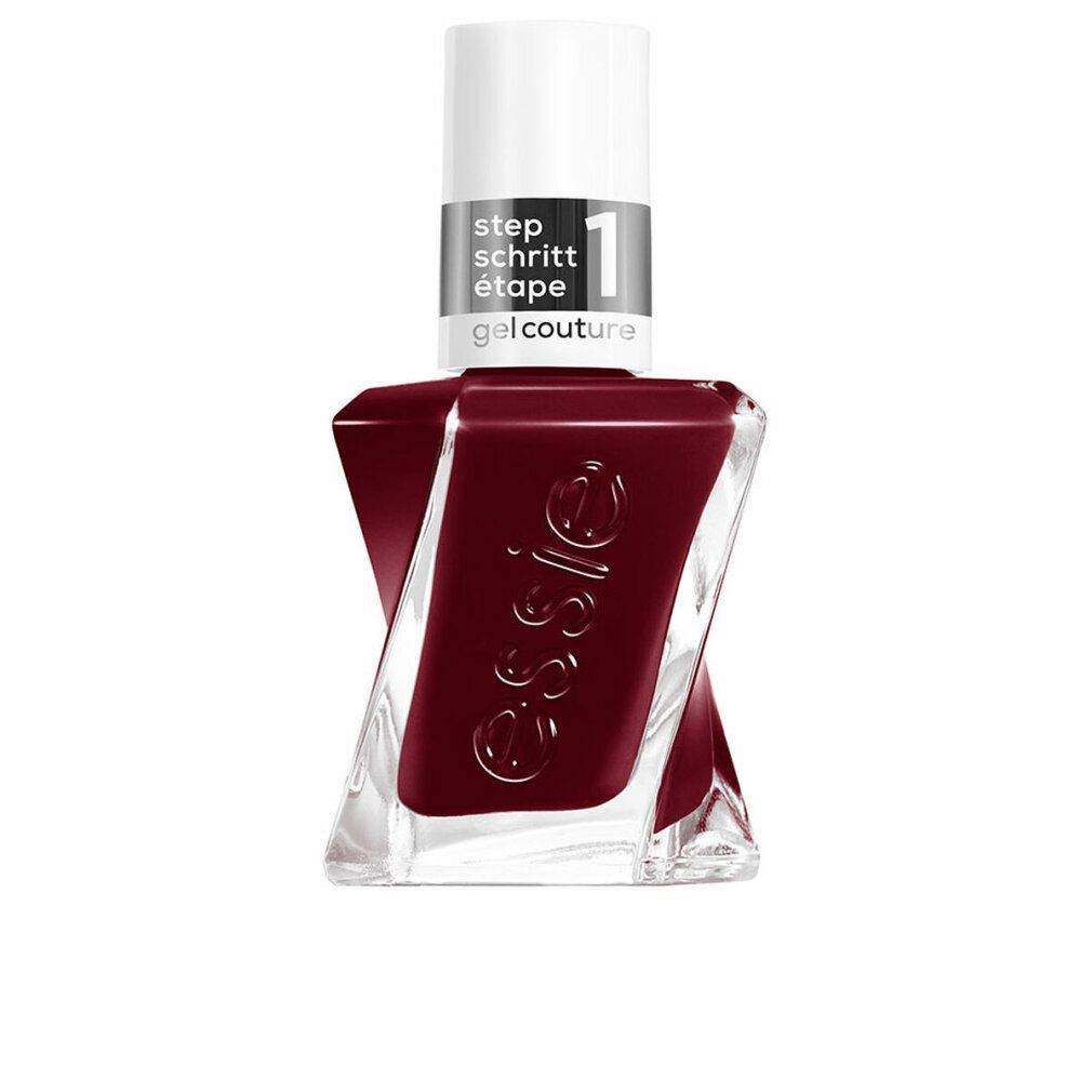 Nagellackflasche mit dunkelroter Farbe. Weißer Deckel mit silbernem Band und Schriftzug 'gel couture'.