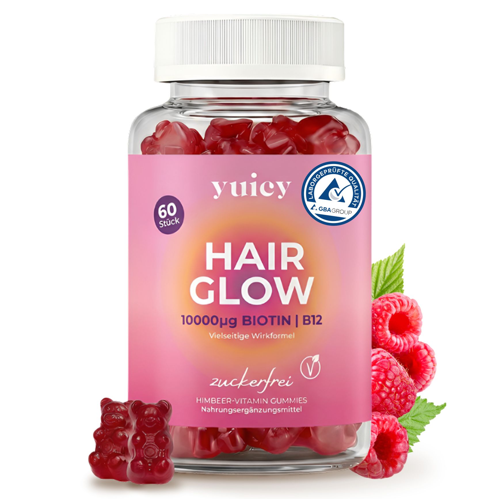 Glas mit Gummibärchen, Aufschrift 'yuicy HAIR GLOW'. Aufschrift: '60 Stück'. Himbeer-Vitamin-Gummies. Zertifizierungslogo.