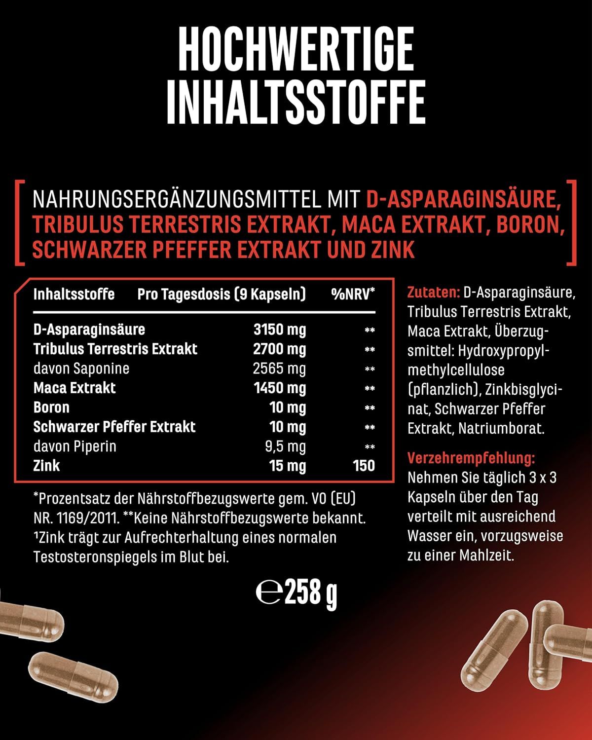 Tabelle mit Inhaltsstoffen von Testo Max. Enthält D-Asparaginsäure, Tribulus Terrestris, Maca, Bor, Schwarzer Pfeffer und Zink.
