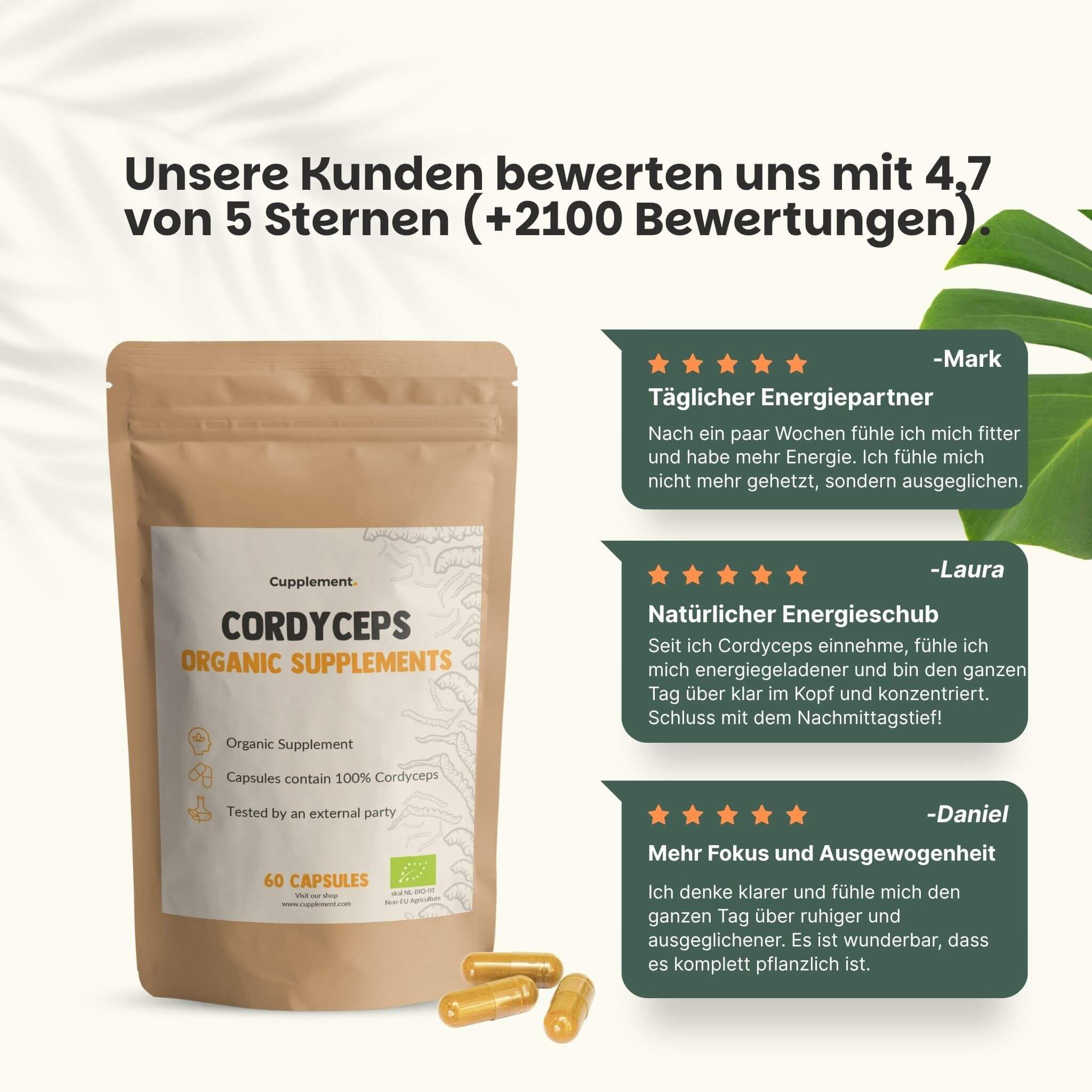 Cordyceps-Kapseln. Brauner Beutel mit Text und Kapseln. Kundenbewertung: 4,7 von 5 Sternen. Zitate von Kunden.