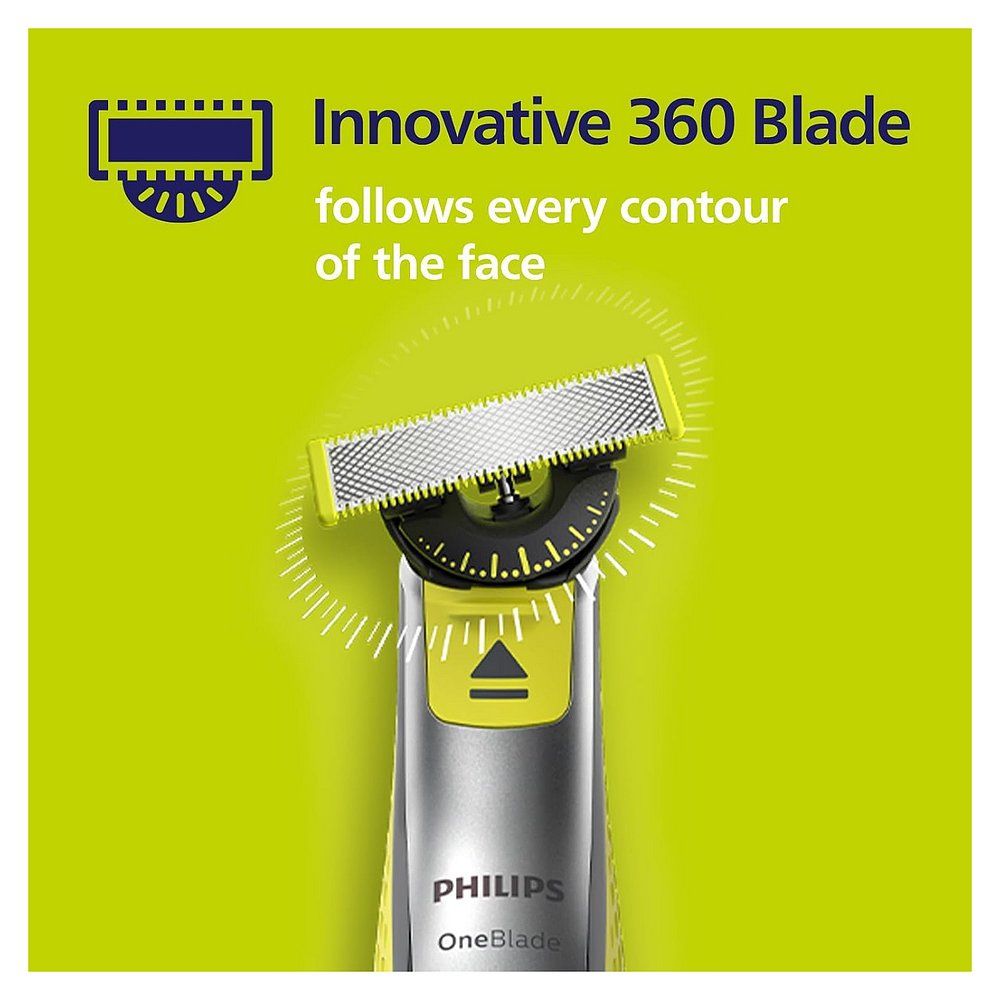 Philips OneBlade 360 Klinge auf einem Philips OneBlade Trimmer. "Innovative 360 Blade" Text.