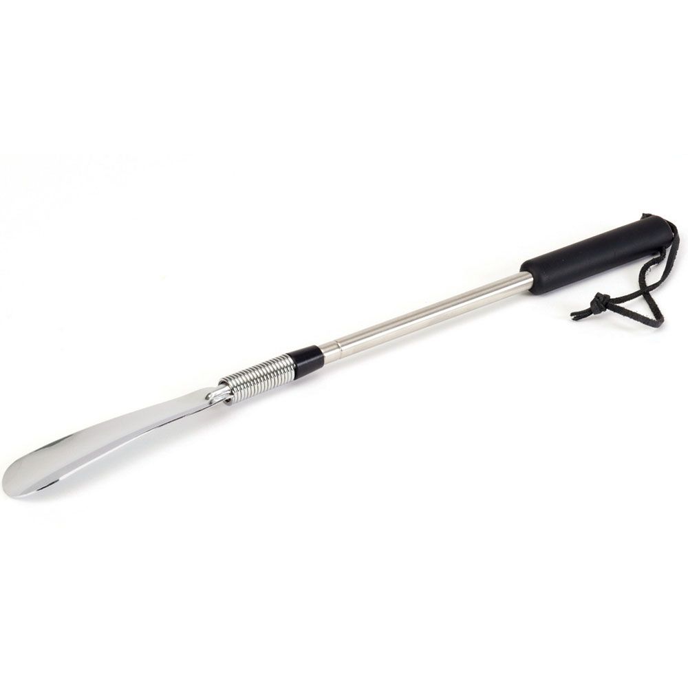 Schuhanzieher aus Metall mit schwarzem Griff und Schnur. Teleskopisch, mit Feder und Schuhspitze.