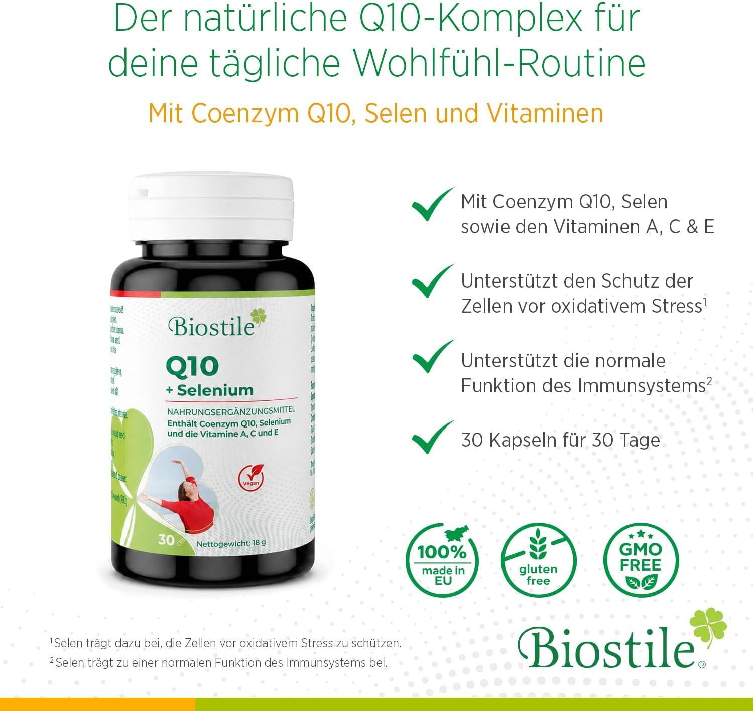 Biostile Q10 + Selenium Dose. Enthält Coenzym Q10, Selen, Vitamine A, C, E. 30 Kapseln für 30 Tage.