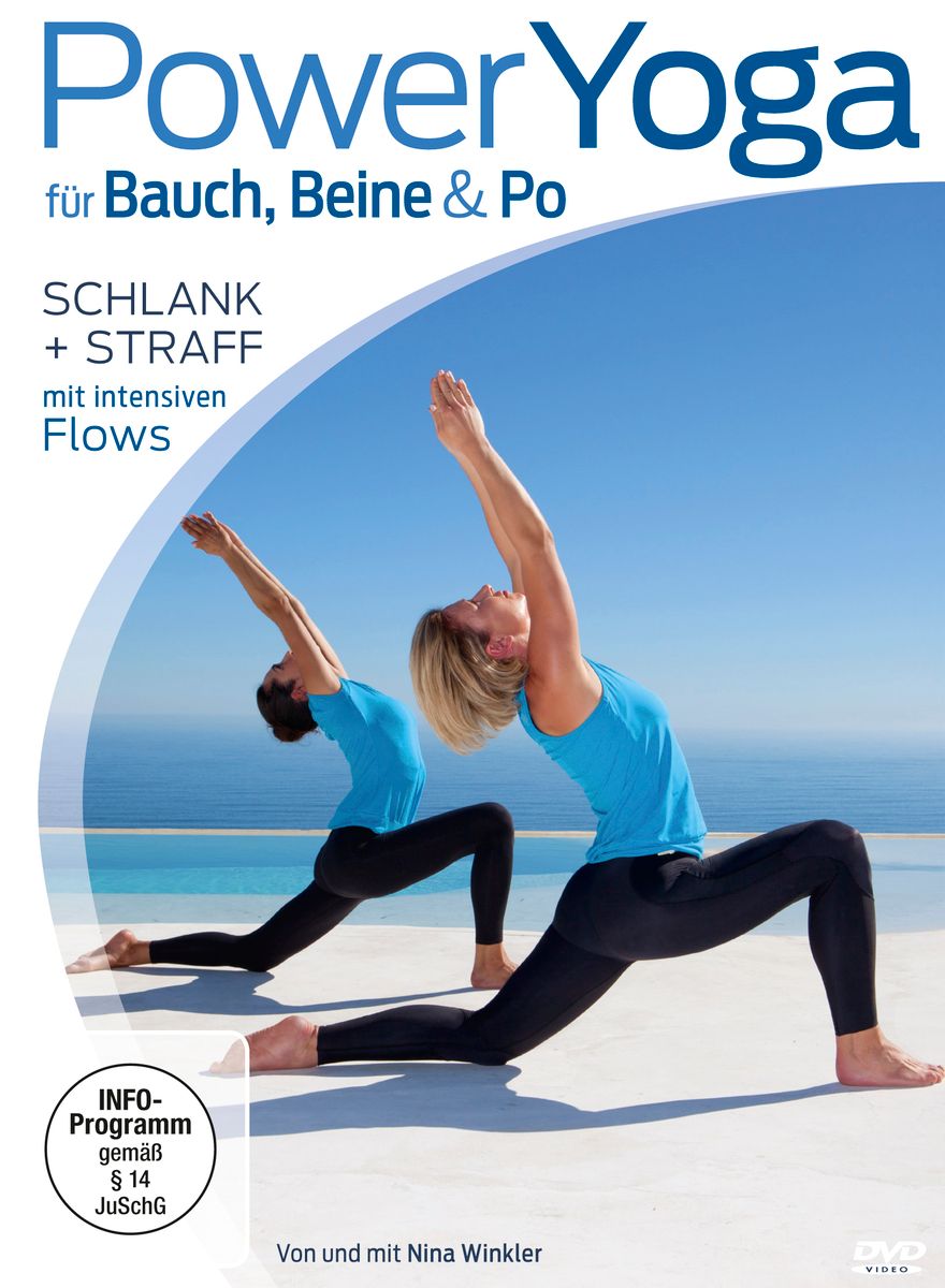 DVD-Cover mit Titel Power Yoga. Zwei Frauen in Yoga-Posen vor blauem Himmel und Meer. Text: Schlank + Straff, mit intensiven Flows.