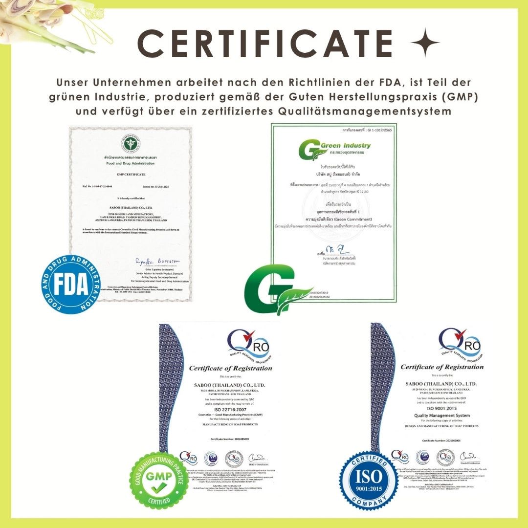 Zertifikate. Logos: FDA, GMP, ISO 9001. Text: Unser Unternehmen arbeitet nach den Richtlinien der FDA.