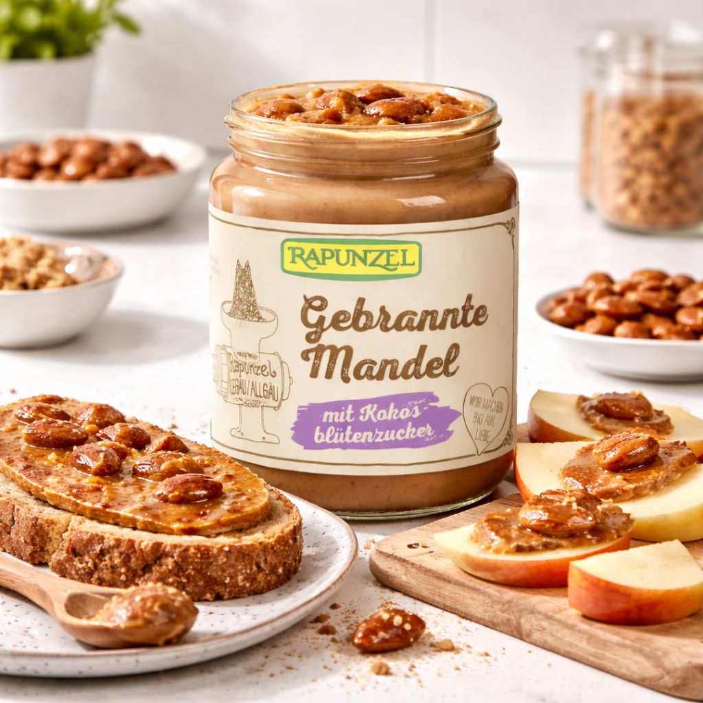 Rapunzel Gebrannte Mandel Aufstrich mit Kokosblütenzucker im Glas, auf Brot und Apfelscheiben.