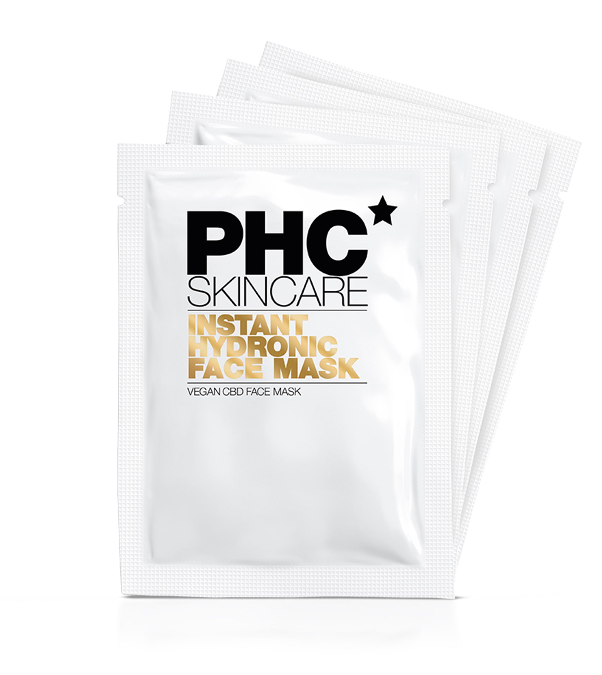 PHC Skincare Instant Hydronic Face Mask. Weiße Einzelverpackungen. Text: Vegan CBD Face Mask.