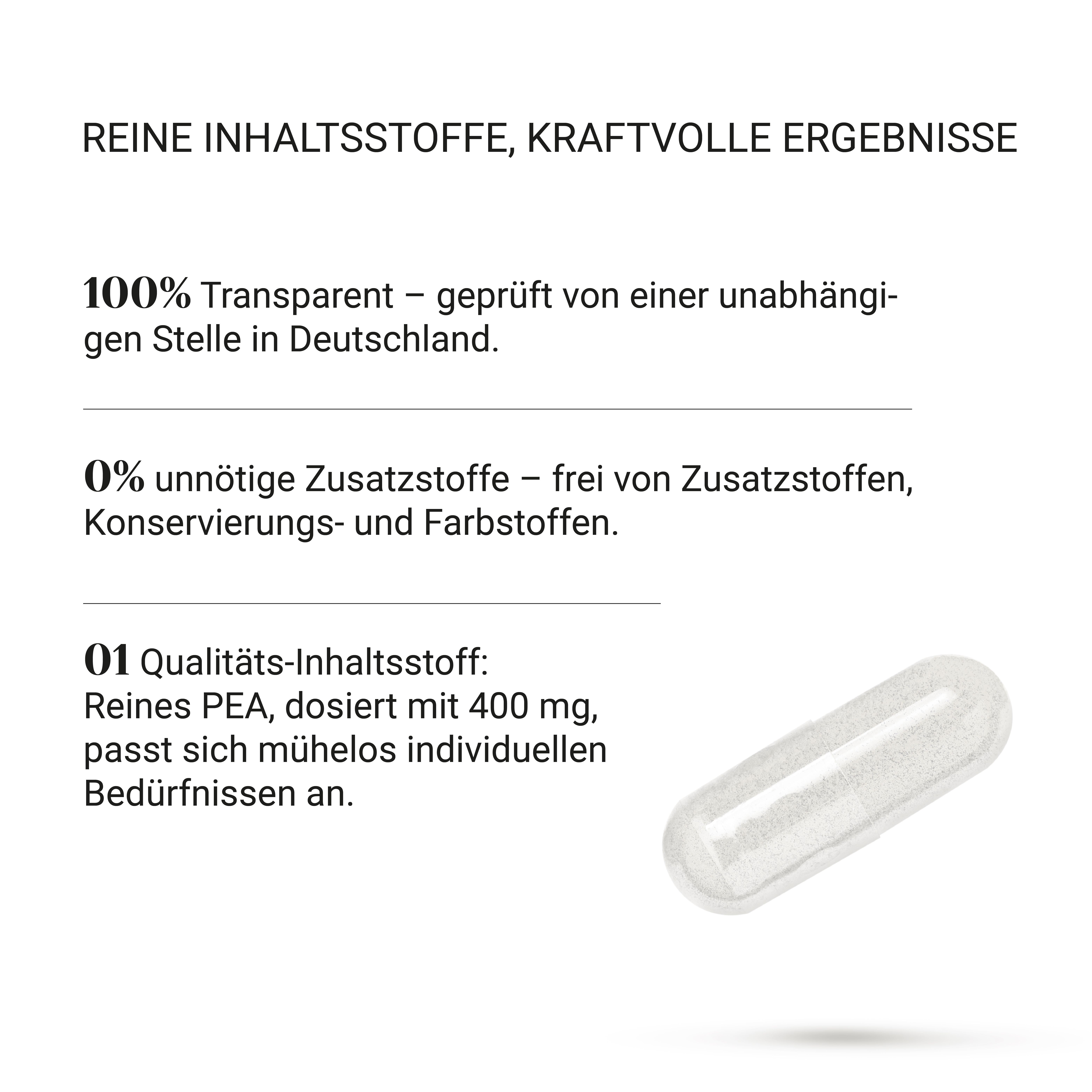 Transparente Kapsel. Text: 100% Transparent - geprüft. 0% Zusatzstoffe. 01 Qualitäts-Inhaltsstoff: PEA 400 mg.