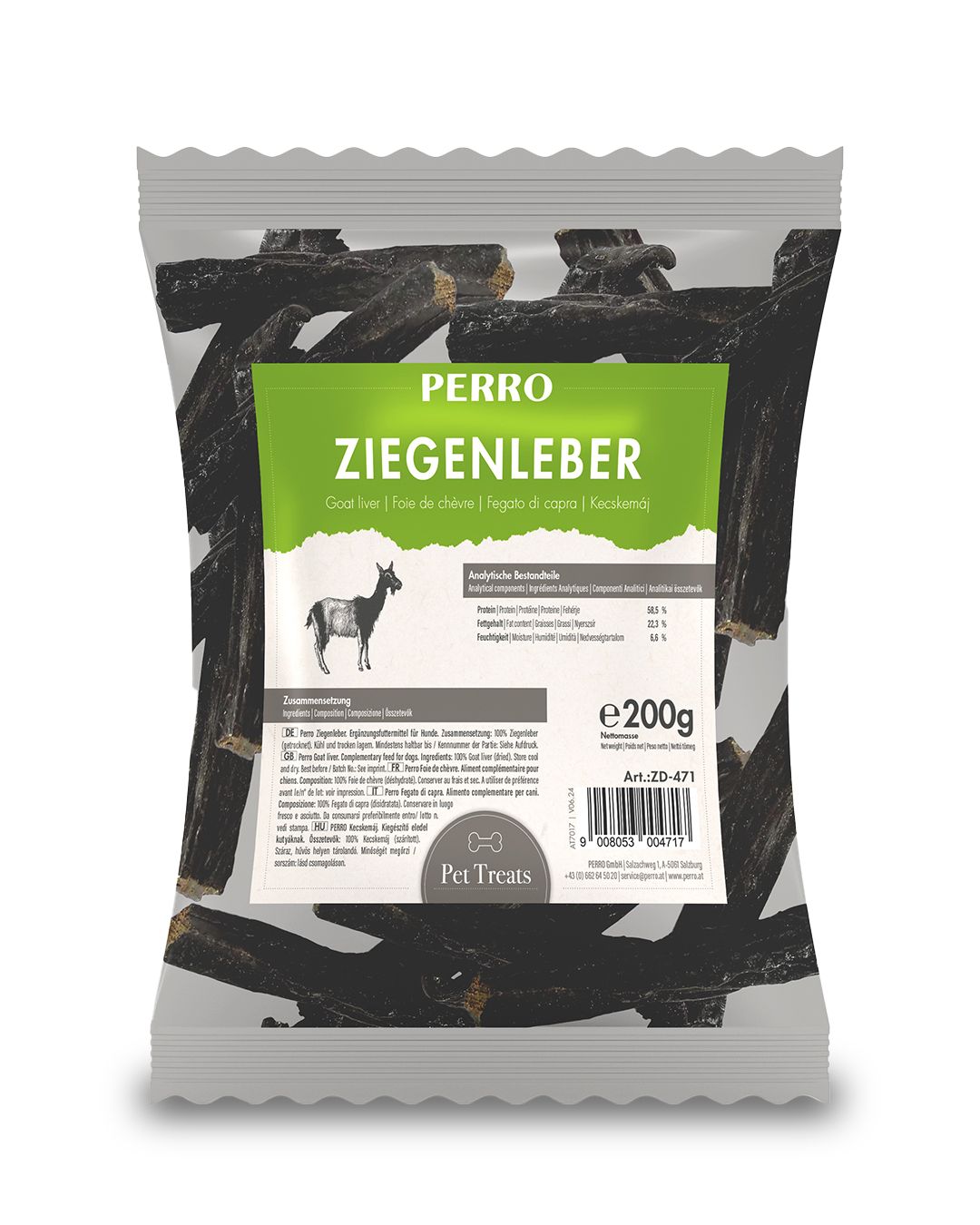 Verpackung mit PERRO Ziegenleber Kauartikel. Grün-weißes Etikett mit Produktname, Ziegenabbildung und Nährwertangaben. 200g Packung.