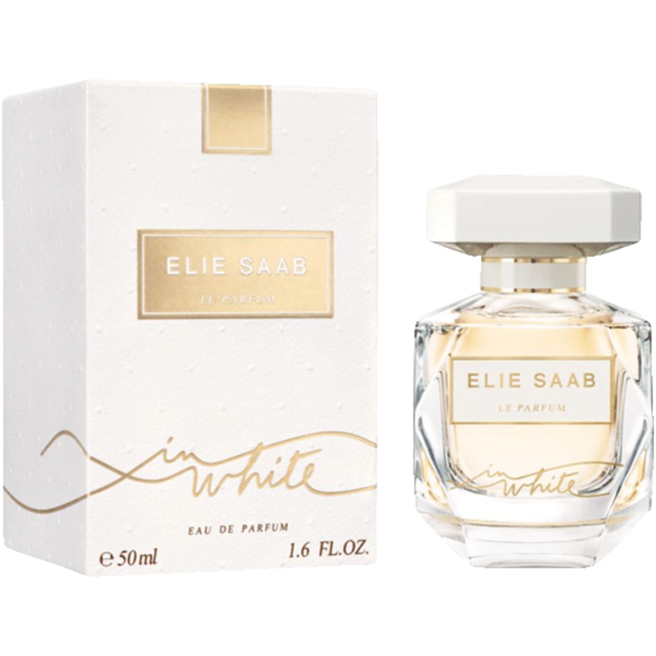 Parfümflakon und Verpackung. Flakon mit weißem Deckel und goldfarbenem Etikett. Schriftzug: ELIE SAAB LE PARFUM in white.