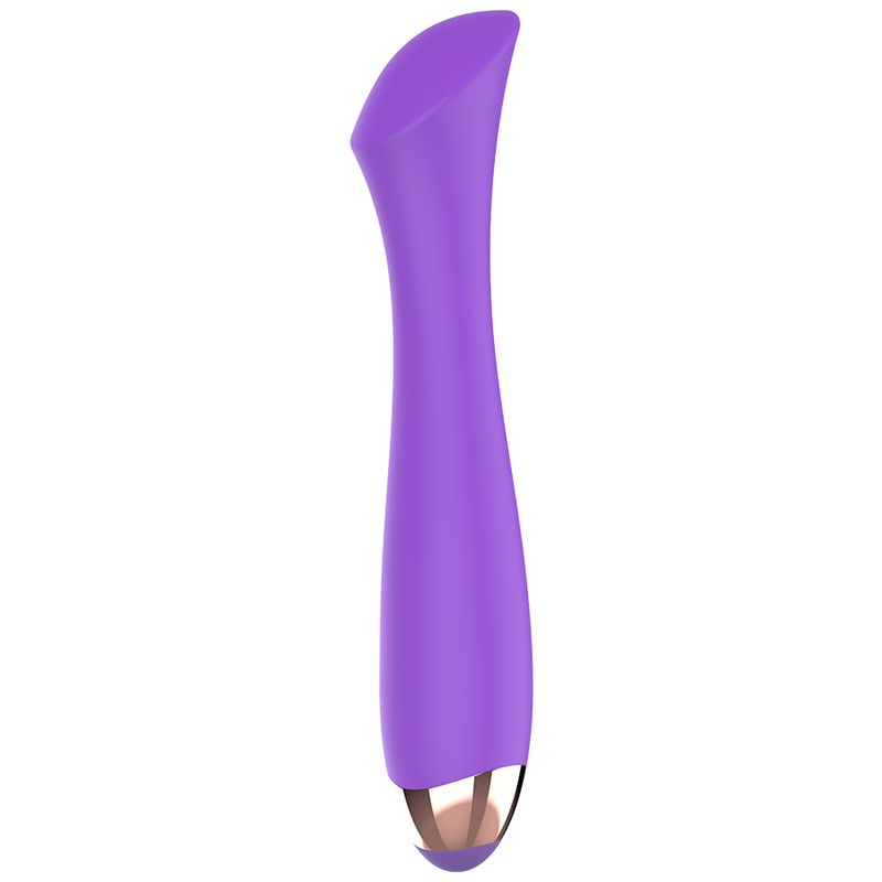 Lila Vibrator mit geschwungener Form. Goldfarbene Spitze. Glatte Oberfläche. Auf weißem Hintergrund.