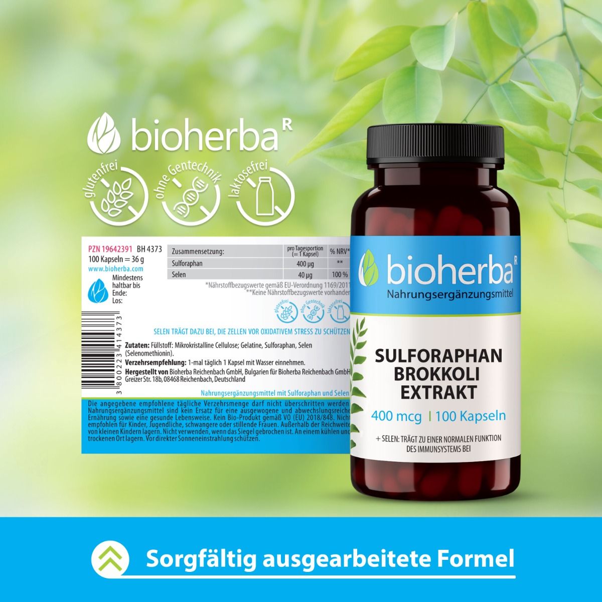 Braune Flasche mit Kapseln. Aufschrift: Sulforaphan Brokkoli Extrakt. Text: Sorgfältig ausgearbeitete Formel. Produktinformationen.