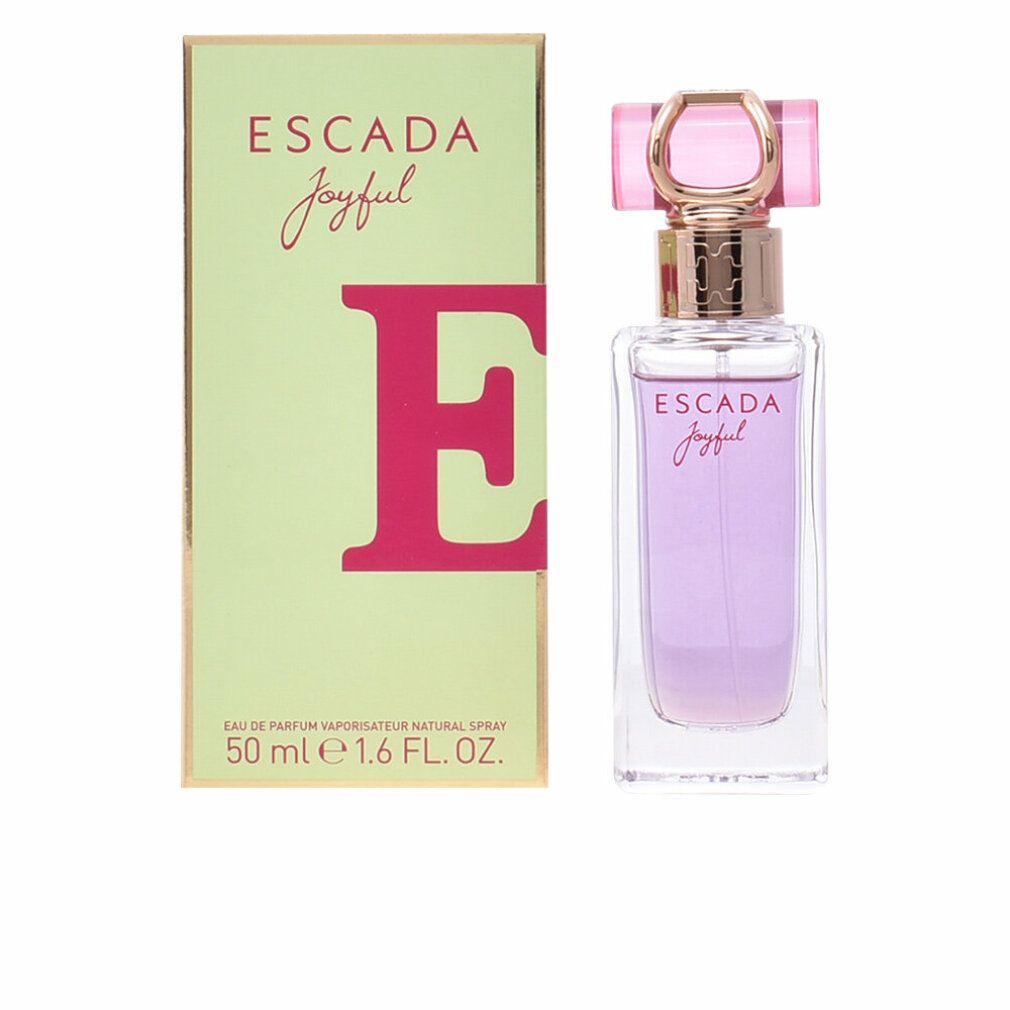 Escada Joyful Eau de Parfum Spray. Flakon und Verpackung. Hellgrüne Schachtel mit pinkfarbenem Schriftzug und Flakon.