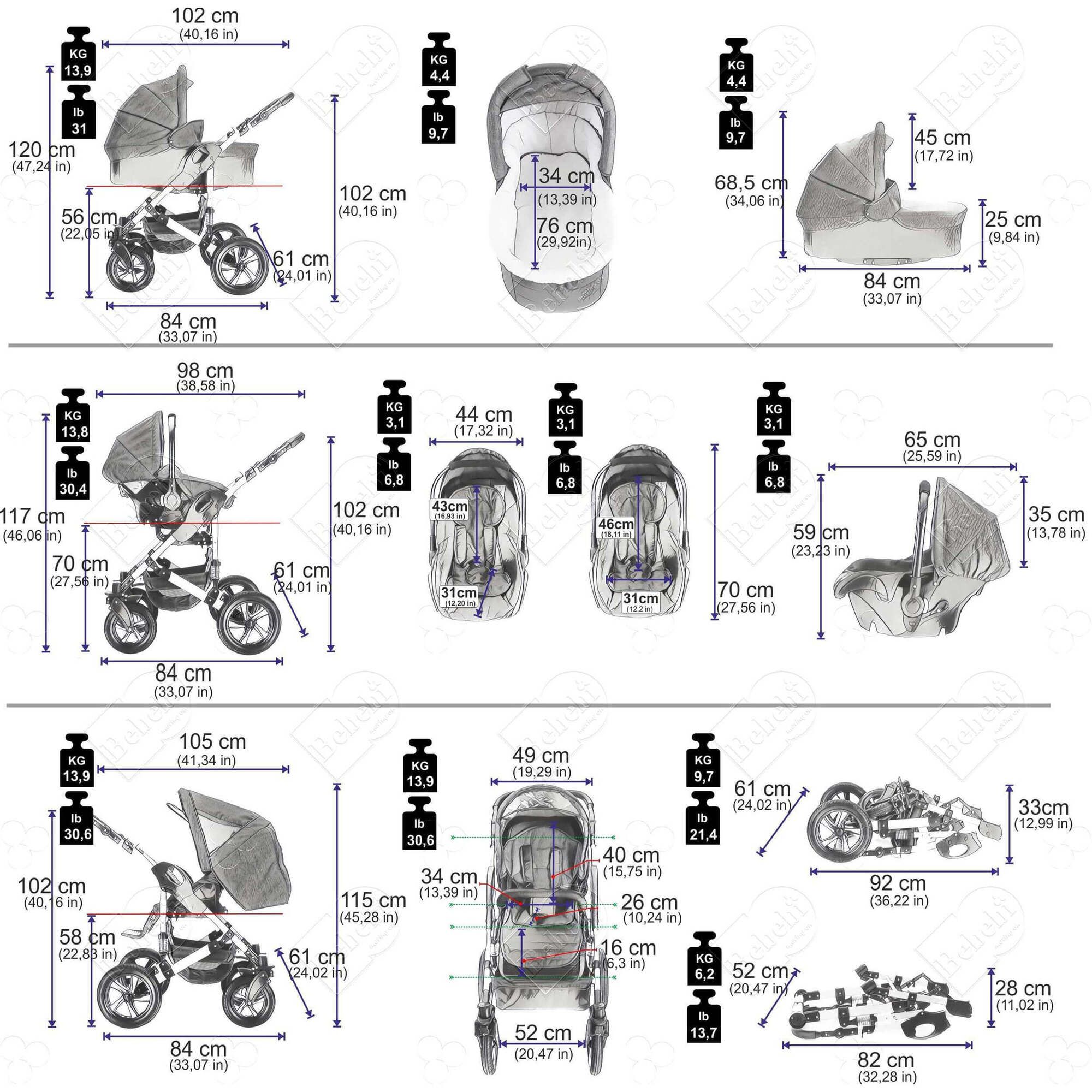 Diagramm mit Abmessungen und Gewichten verschiedener Kinderwagen-Konfigurationen. Verschiedene Ansichten.
