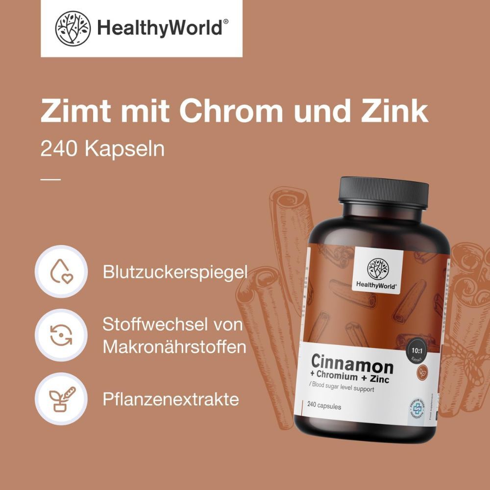 Braune Flasche mit Kapseln. Aufschrift: Zimt mit Chrom und Zink. 240 Kapseln. Marke: HealthyWorld. Mit Ceylon-Zimt.