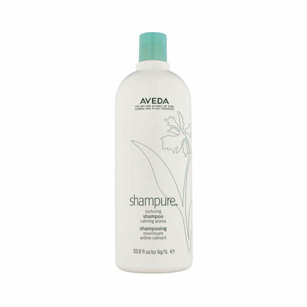Weiße Shampoo-Flasche mit blauem Deckel. Aufschrift: Aveda, Shampure, nährendes Shampoo, beruhigendes Aroma. 1L.
