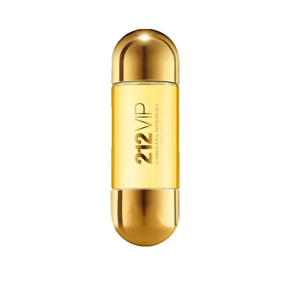 Goldfarbener Flakon mit gelber Flüssigkeit. Aufschrift: 212 VIP CAROLINA HERRERA.