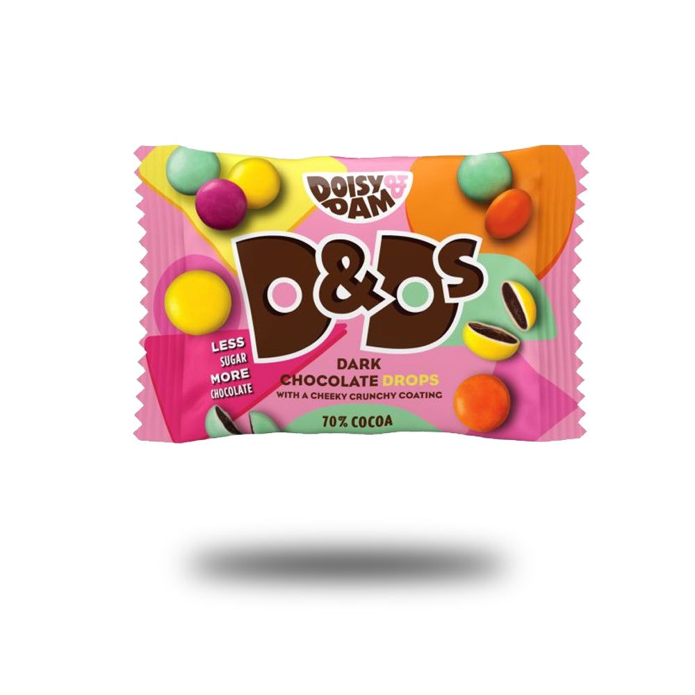 Verpackung mit Schokoladentropfen. Rosa Hintergrund mit bunten Tropfen. Text: "D&Ds", "Dark Chocolate Drops", "70% Cocoa".