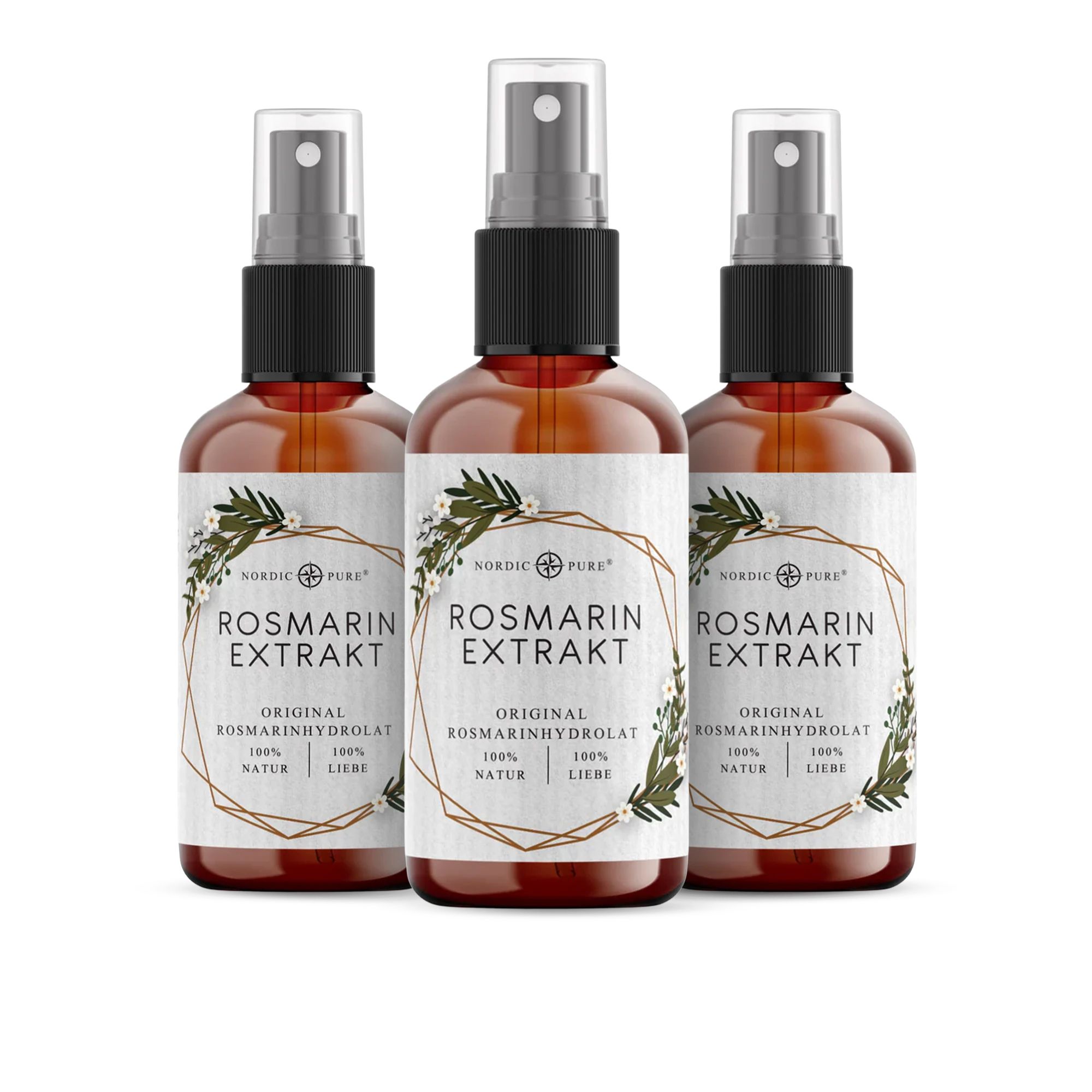Drei Flaschen Rosmarinextrakt. Etikett: Rosmarinextrakt, Original Rosmarinhydrolat, 100% Natur, 100% Liebe.