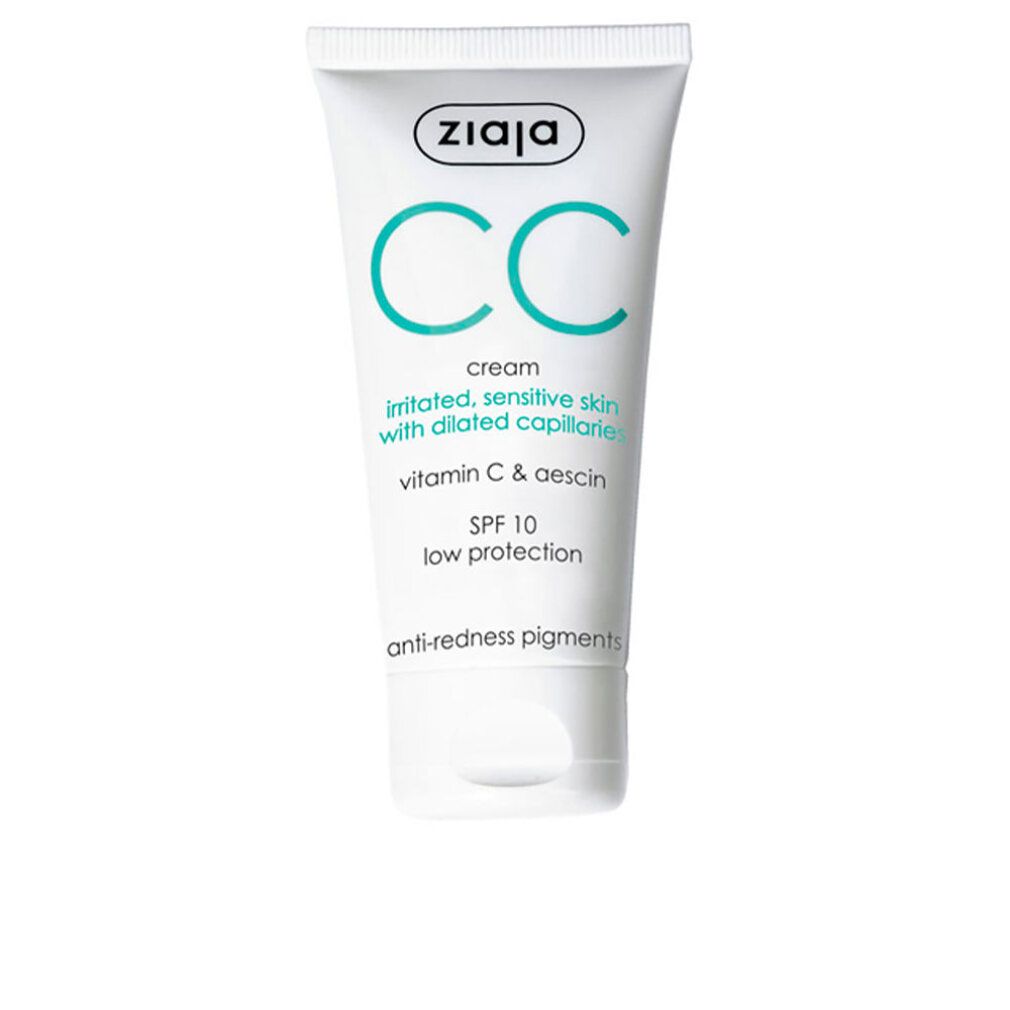 Weiße Tube mit grünem Aufdruck. Text: Ziaja, CC cream, irritated, sensitive skin, vitamin C & aescin, SPF 10, anti-redness pigments.