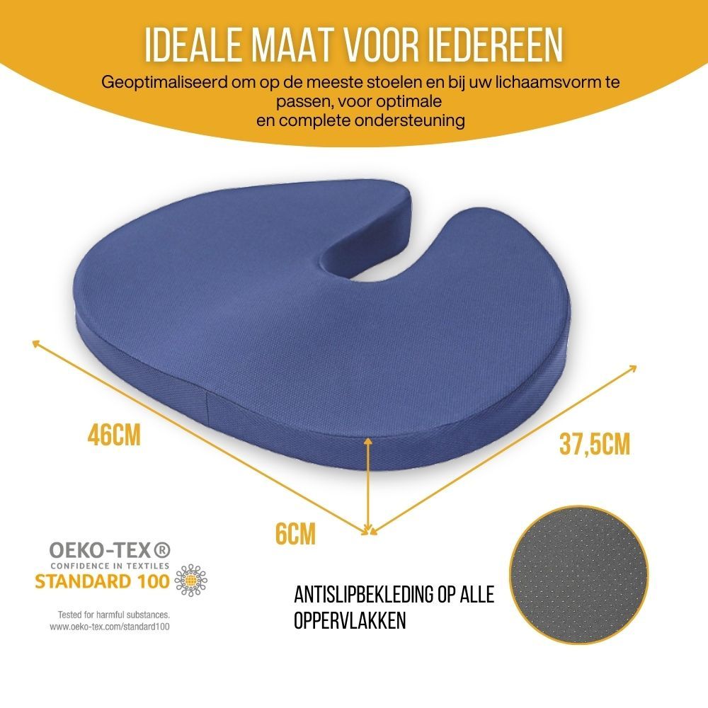 Blauw U-vormig zitkussen. Afmetingen: 46x37,5x6 cm. Antislip coating. Oeko-Tex Standard 100.