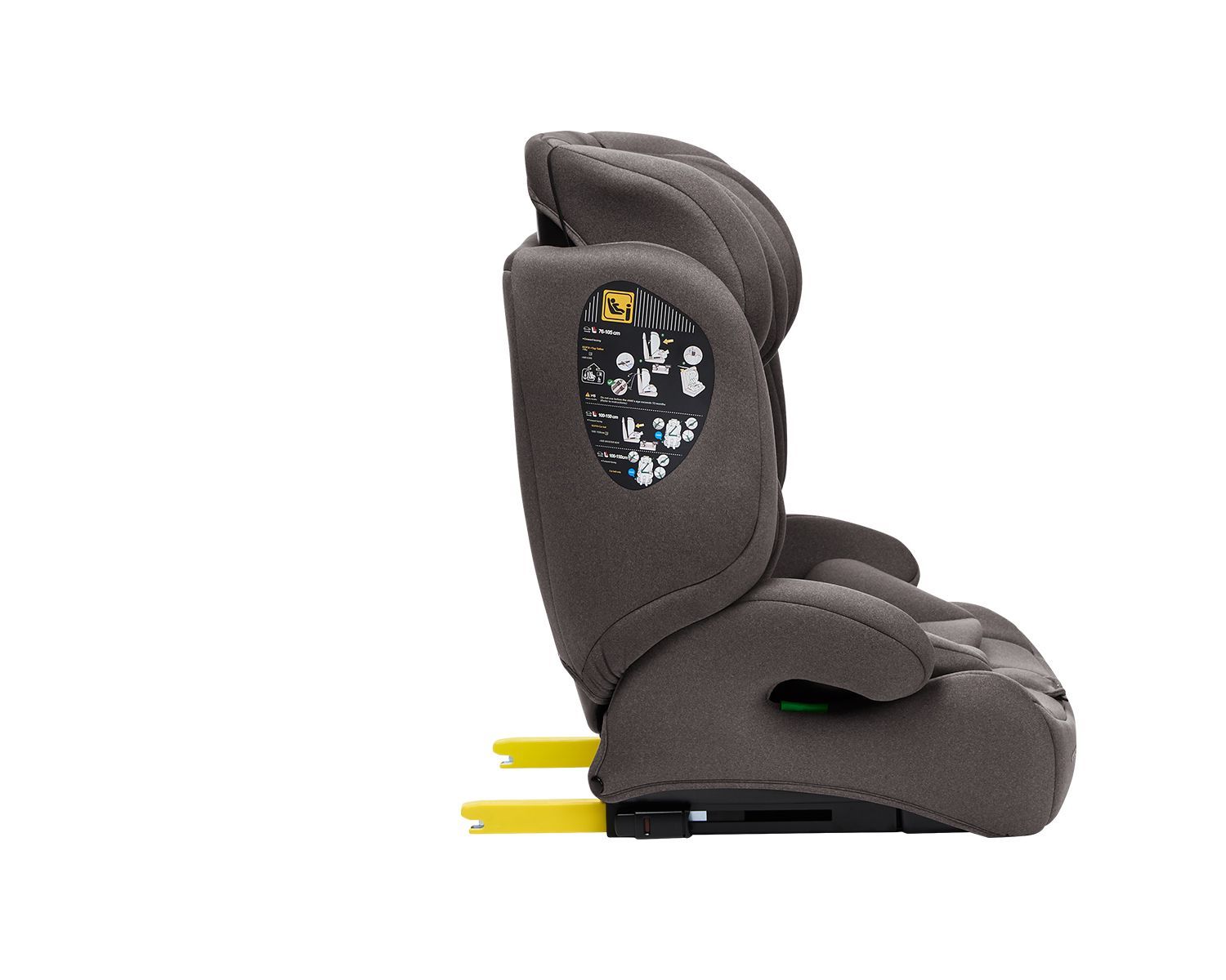 Grauer Kindersitz mit Isofix-Haken, Seitenansicht.