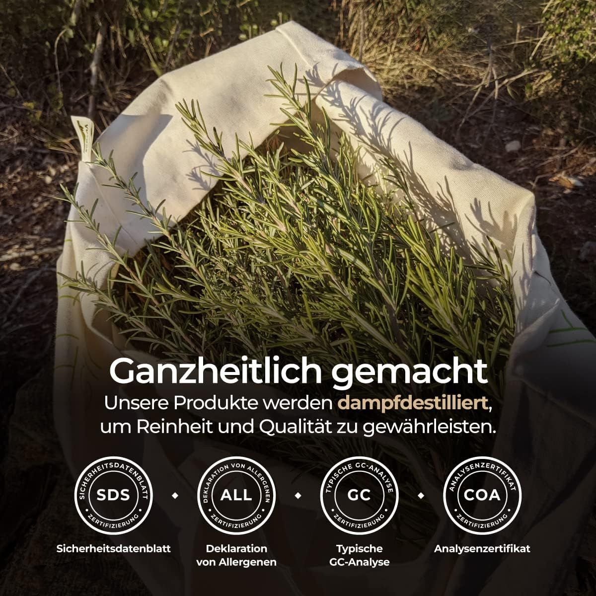 Leinensack mit Rosmarinzweigen. Text: Ganzheitlich gemacht. Zertifizierungen: SDS, Allergendeklaration, GC-Analyse, Analysezertifikat.