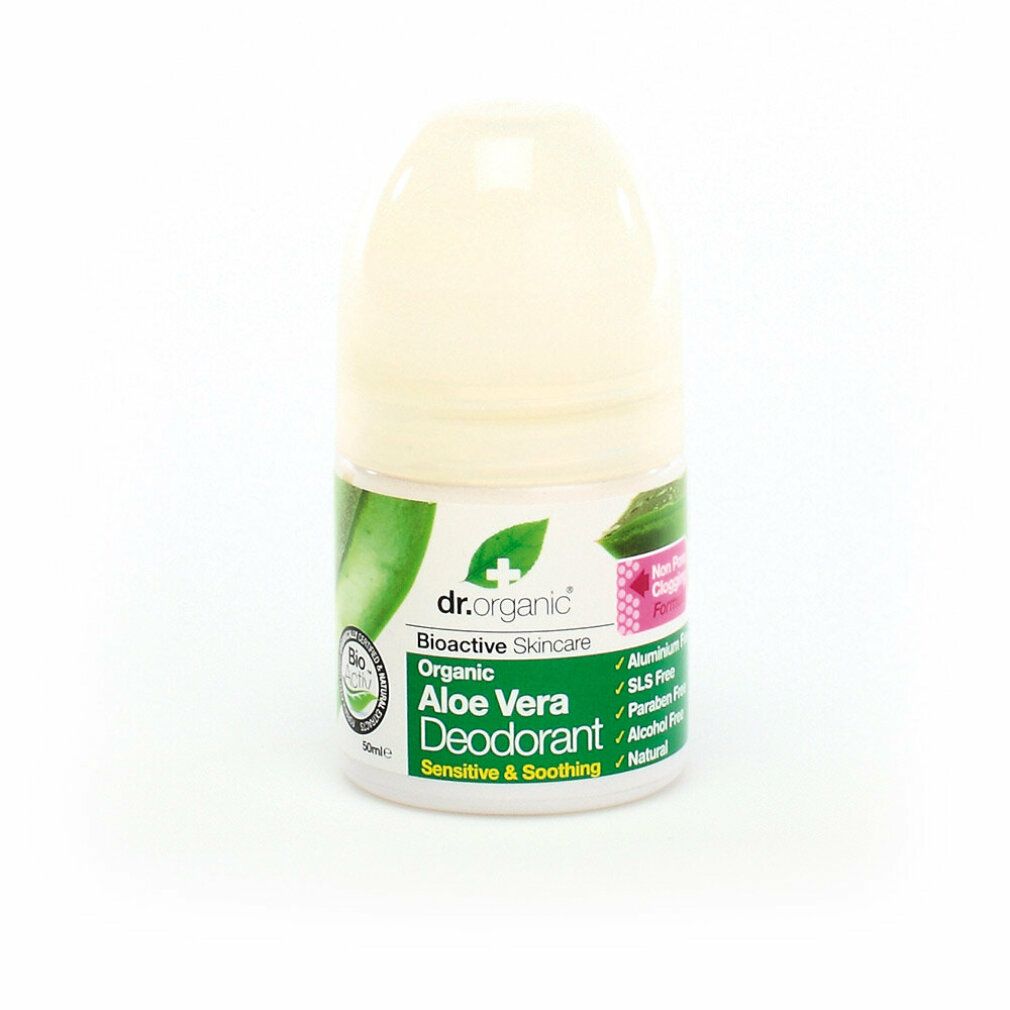 Roll-on-Deodorant. Weißer Behälter mit grünem Etikett. Aufschrift: Aloe Vera Deodorant. Bio-Aktiv-Logo.