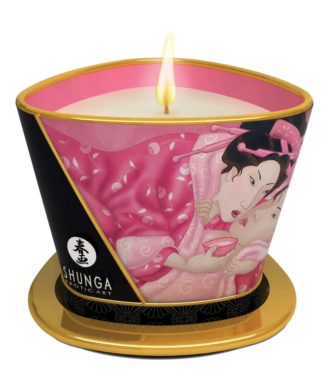 Dreieckige Kerze mit Flamme, auf goldenem Untersetzer. Rosa-schwarzes Design mit Abbildung zweier Frauen. Aufschrift: SHUNGA.
