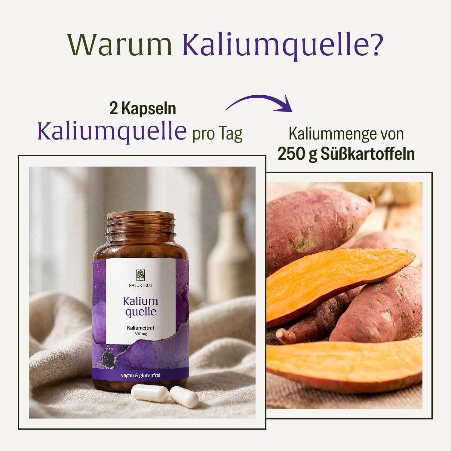 Braune Glasflasche mit Kaliumquelle-Kapseln und Süßkartoffeln. Text: Warum Kaliumquelle? 2 Kapseln Kaliumquelle pro Tag. Kaliummenge von 250 g Süßkartoffeln.