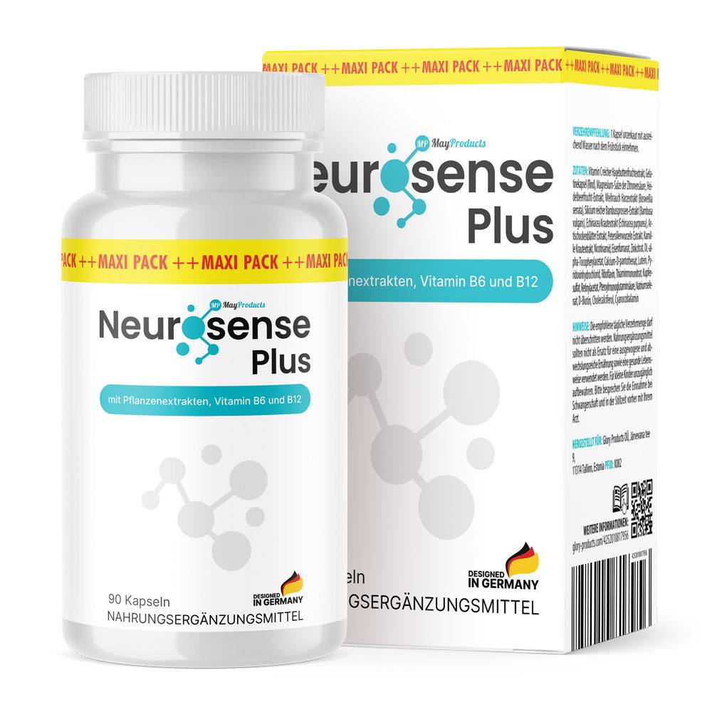 Weiße Flasche mit Kapseln und Karton. Aufschrift: Neurosense Plus, 90 Kapseln, Nahrungsergänzungsmittel. Mit Pflanzenextrakten, Vitamin B6 und B12.