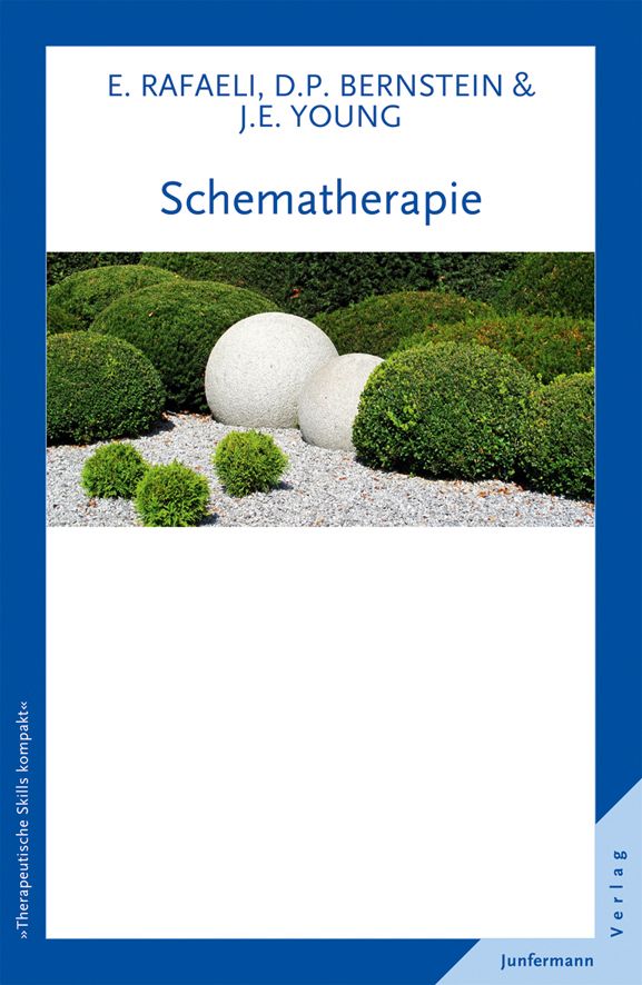 Buchcover mit Titel "Schematherapie". Autoren: E. Rafaeli, D.P. Bernstein & J.E. Young. Verlag Junfermann. Hintergrund: Garten mit Kugeln und Büschen.