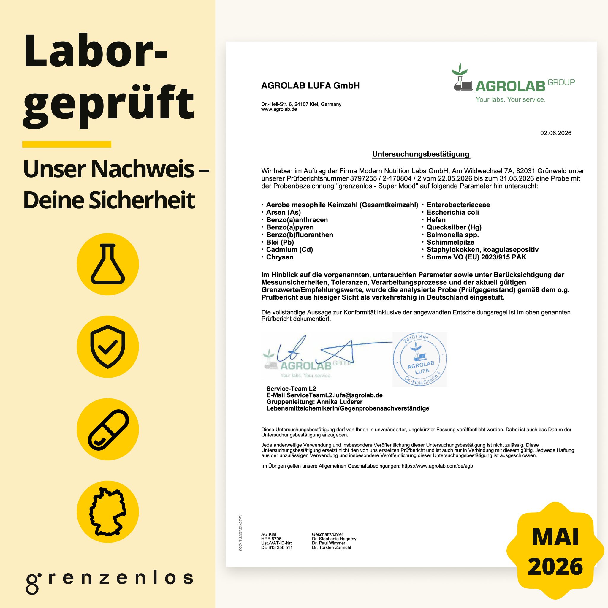 Laborbericht "AGROLAB LUFA". "grenzenlos" Logo unten links. "MAI 2026" unten rechts.