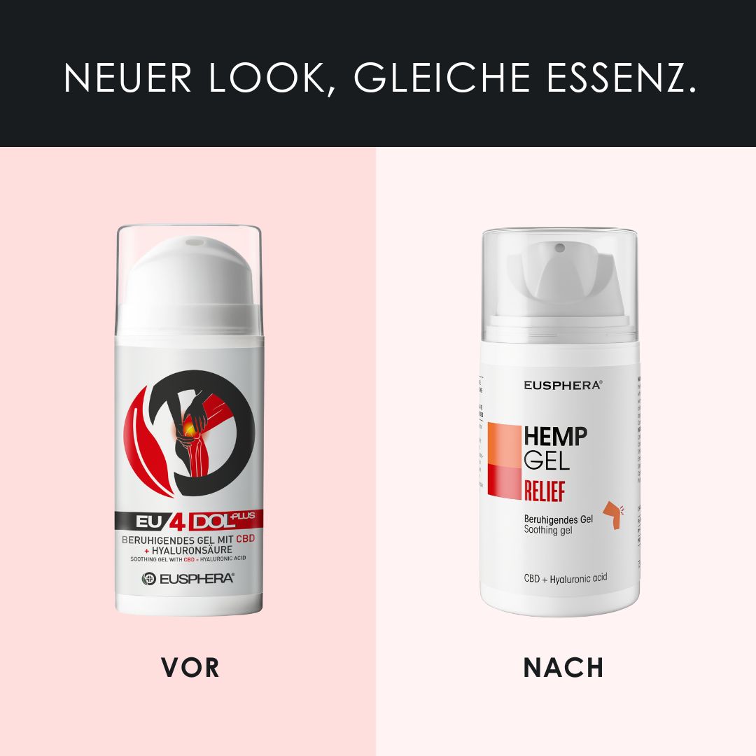 Gel-Behälter mit Abbildungen von Körperteilen. Text: HEMP GEL RELIEF, Gel lenitivo. CBD + Hyaluronsäure.