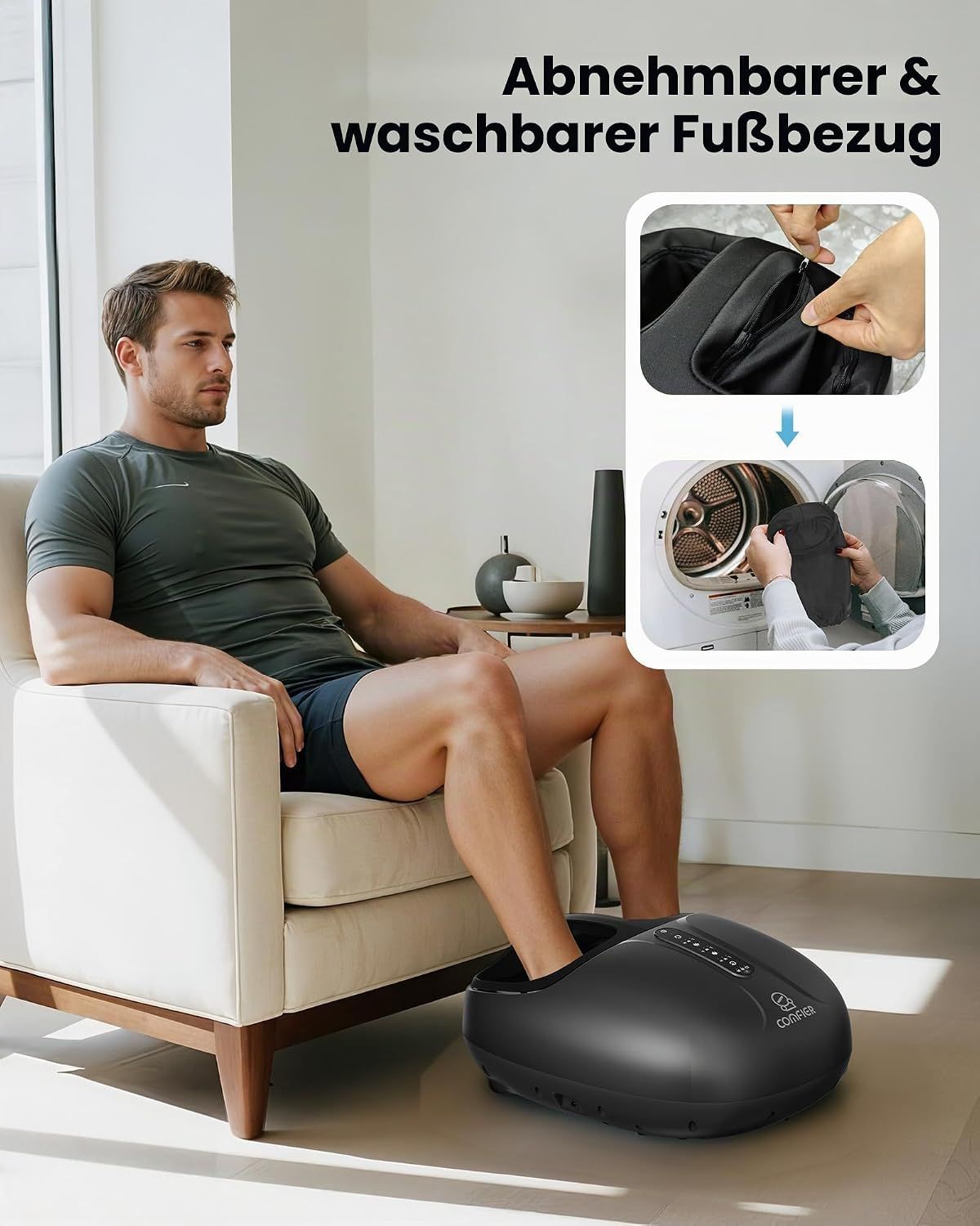 Mann benutzt Fußmassagegerät mit abnehmbarem und waschbarem Bezug.