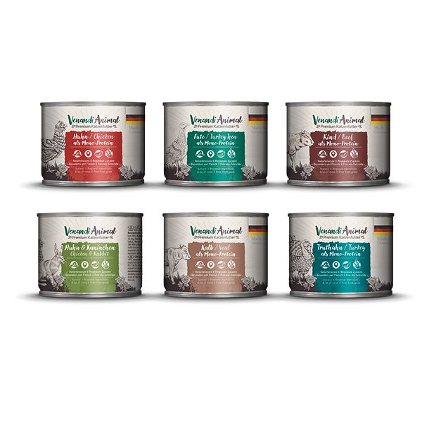 Venandi Animal - Probierpaket - Huhn, Pute, Rind, Huhn & Kaninchen, Kalb, Truthahn