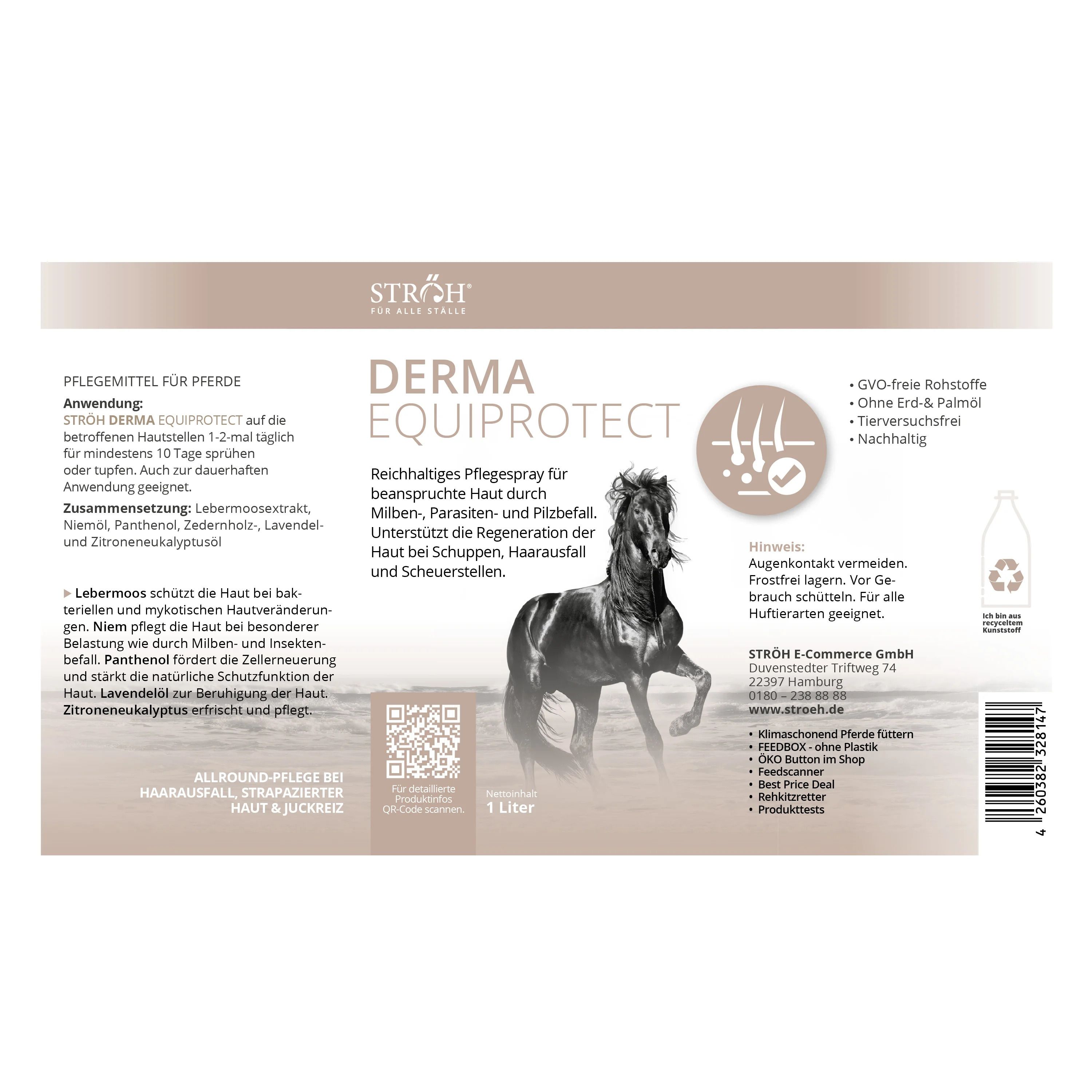 Produktetikett mit Text und Abbildung eines Pferdes. Aufschrift: DERMA EQUIPROTECT. 1 Liter. QR-Code.