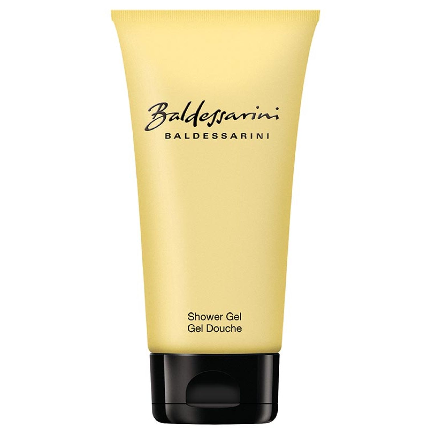 Gelbe Tube mit schwarzem Verschluss. Schriftzug Baldessarini. Aufschrift: Shower Gel, Gel Douche.