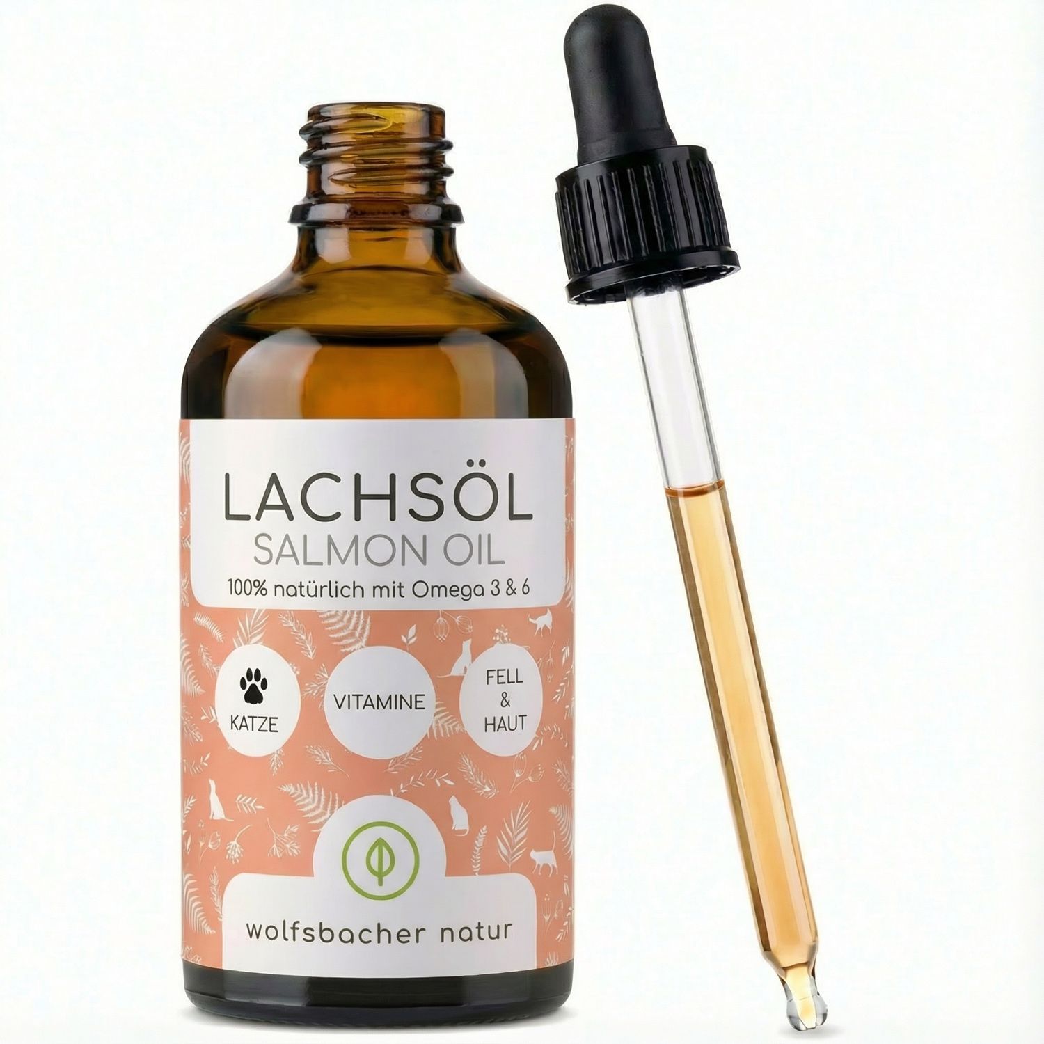 Braune Glasflasche mit Etikett. Aufschrift: Lachsöl, Salmon Oil. Tropfer daneben. Tropfer mit gelblicher Flüssigkeit.