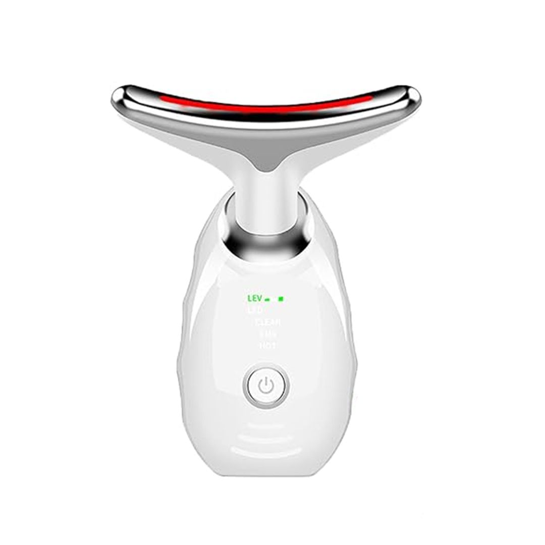 Weißes Gesichts- und Nackenmassagegerät mit silbernen Akzenten und roter LED-Leiste.