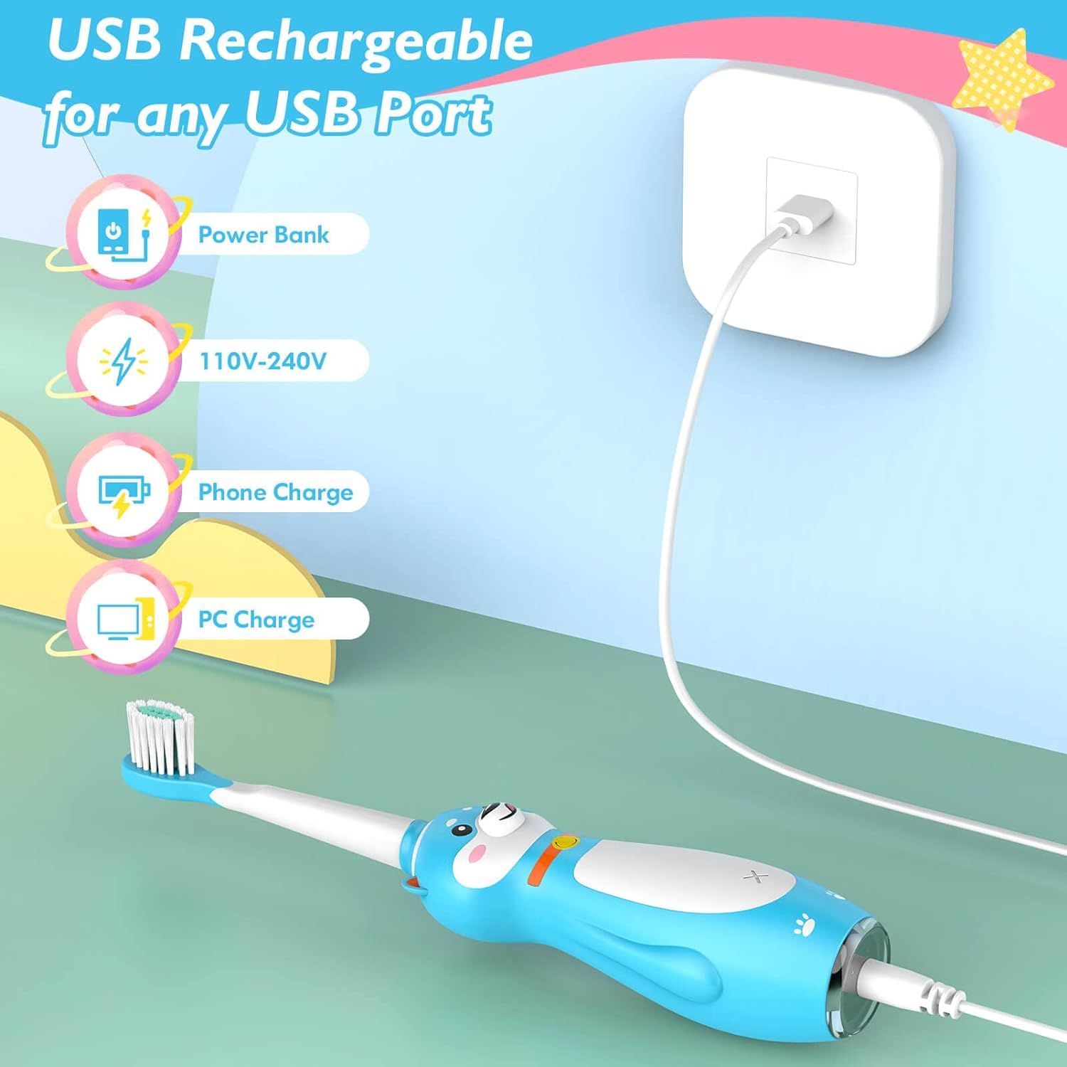 Blaue elektrische Zahnbürste mit USB-Ladeanschluss. Illustrationen: Powerbank, 110-240V, Telefonladung, PC-Ladung.