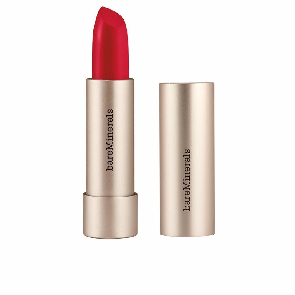 Roter Lippenstift in goldener Hülse. Deckel daneben. Marke: bareMinerals.