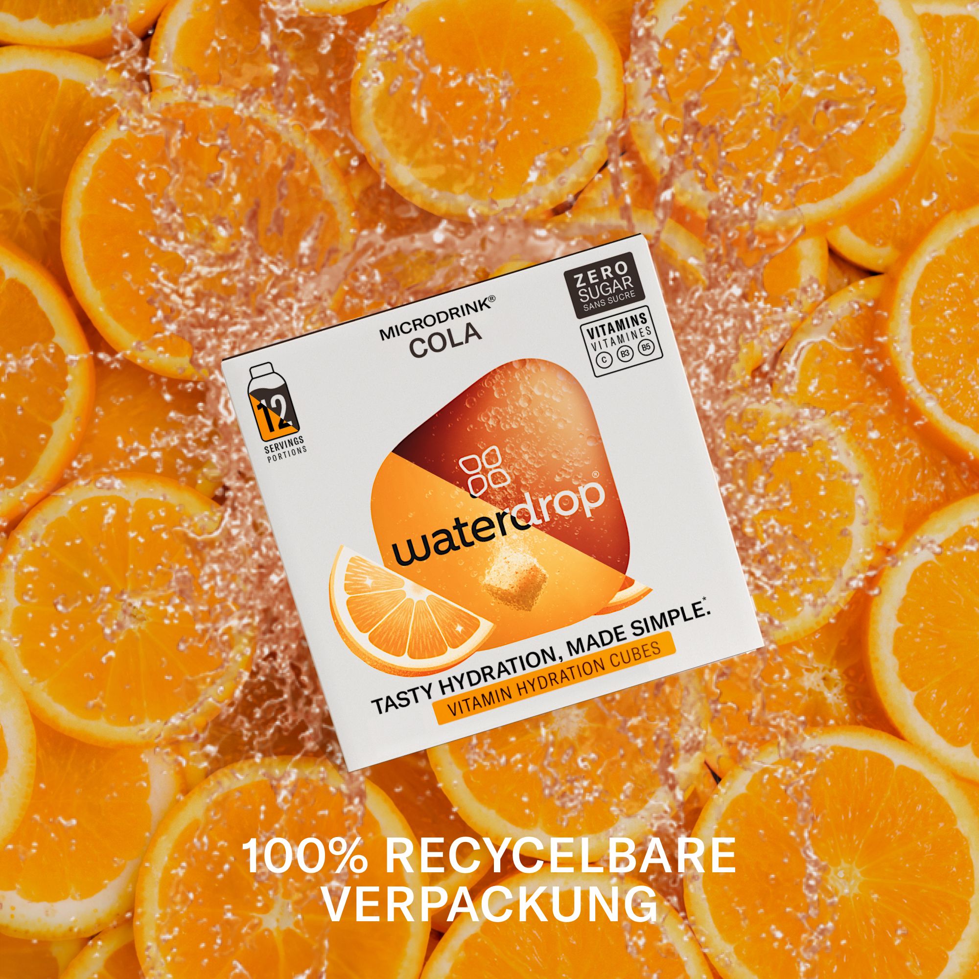 Produktverpackung "waterdrop" mit Cola-Geschmack. Text: Tasty Hydration, Made Simple. 100% recyclebare Verpackung.