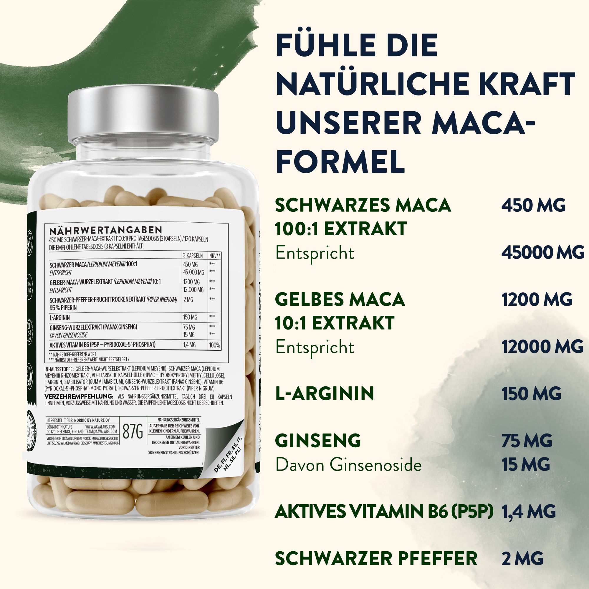 Flasche mit Kapseln und Nährwertangaben. Schwarzes Maca, gelbes Maca, L-Arginin, Ginseng.