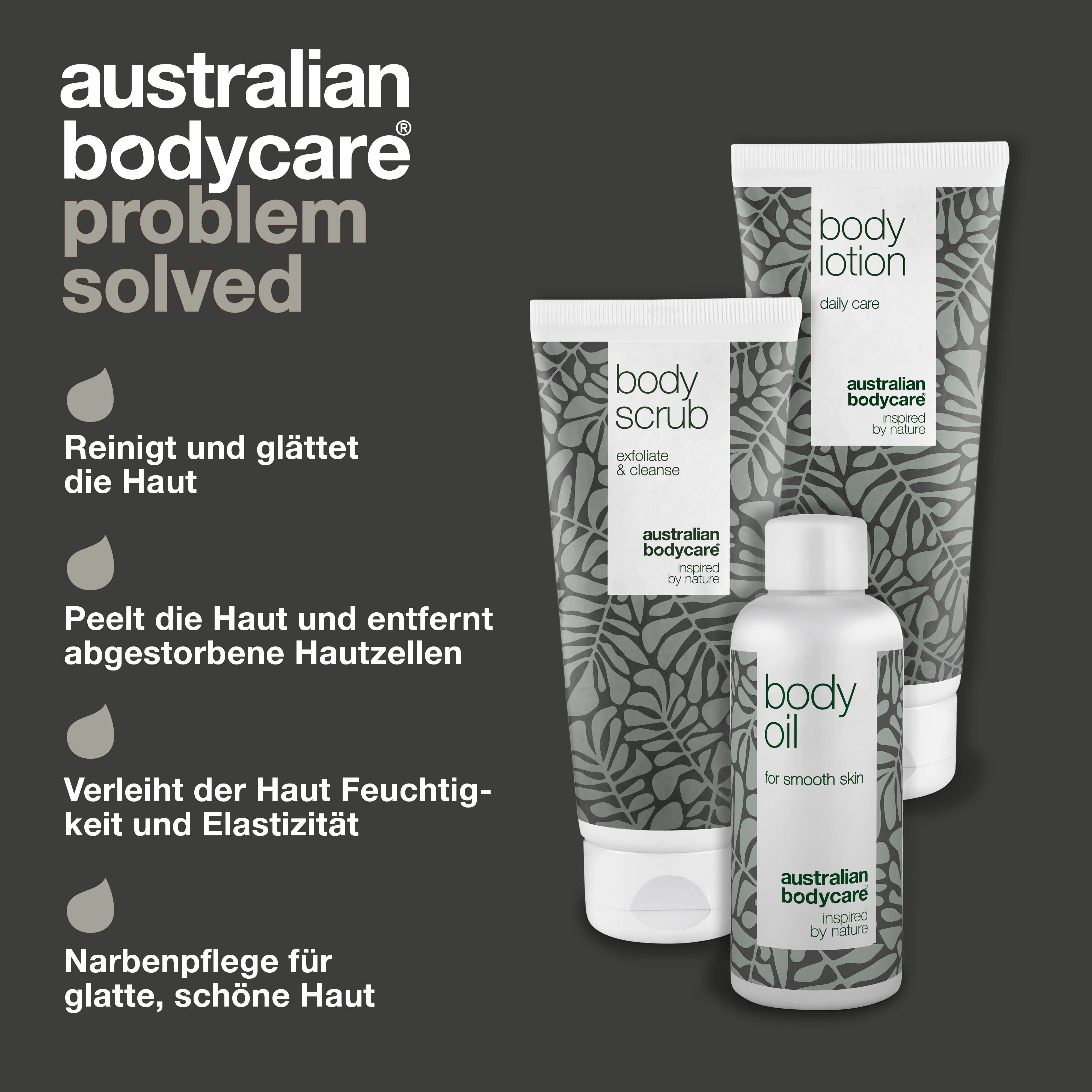 Produkte: Body Lotion, Body Scrub, Body Oil. Weiße Tuben und Flasche mit grauen Blättern. Text: Australian Bodycare.