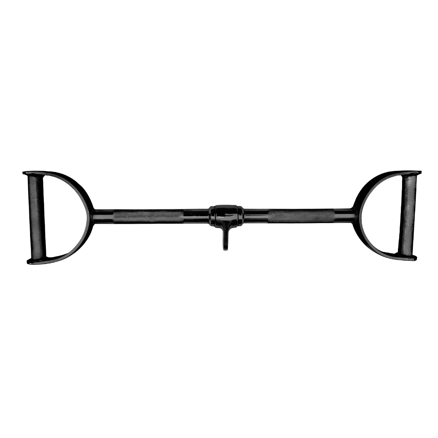 Schwarze Latzugstange mit Hufgriffen. Metallkonstruktion mit zwei Griffen und zentralem Befestigungspunkt.