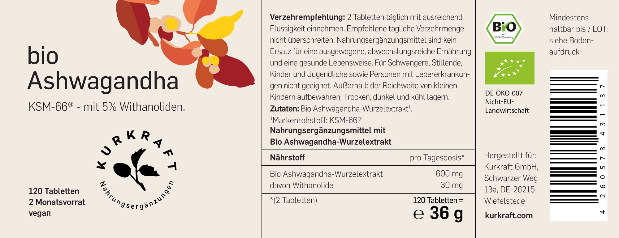 Etikett mit Text: bio Ashwagandha KSM-66 mit 5% Withanoliden. 120 Tabletten, 2 Monatsvorrat, vegan. Bio-Siegel. Nährwertangaben.